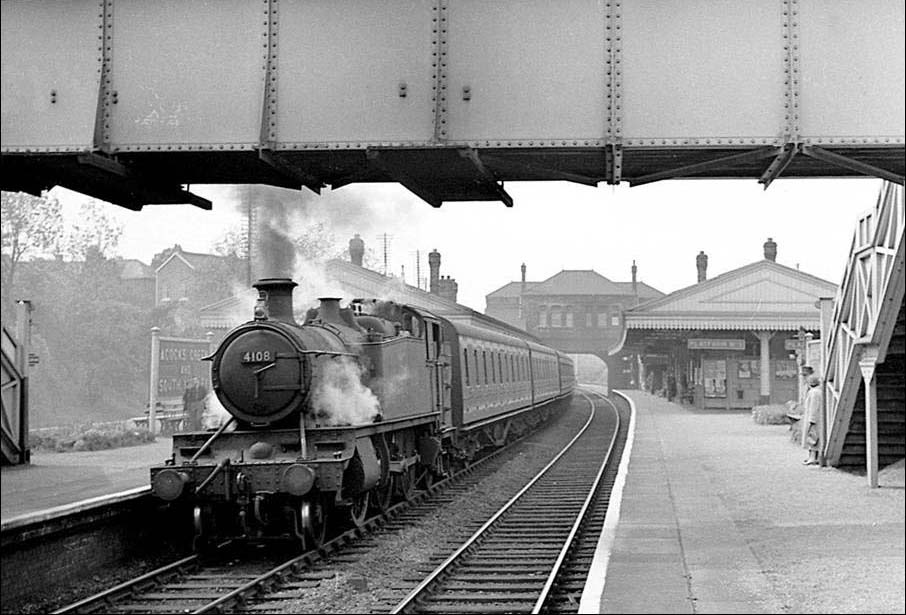 Ex-GWR 2-6-2T 41xx Class No 4108 pauses at Acocks Green station's platform 3 with a local Moor Street to Leamington service