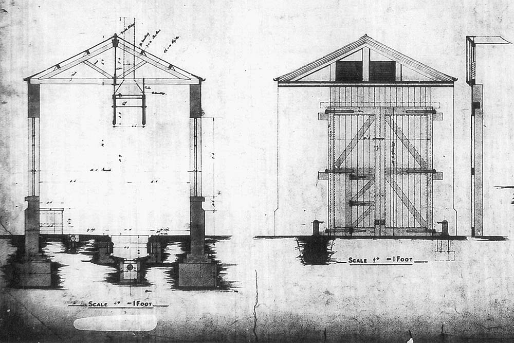Internal and external sectional drawings of Alcester Railway's Single Road Engine Shed