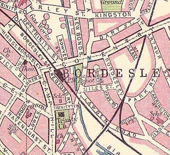 Map showing the position of Bordesley station on south of the Coventry Road bridge