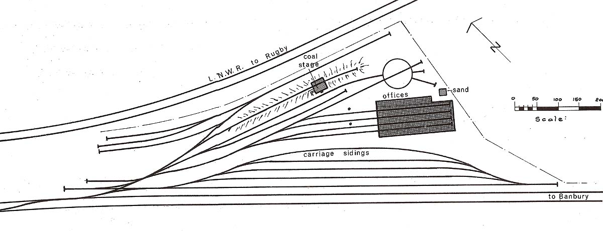 A schematic plan showing the layout of Leamington shed, coaling stage, turntable and carriage sidings