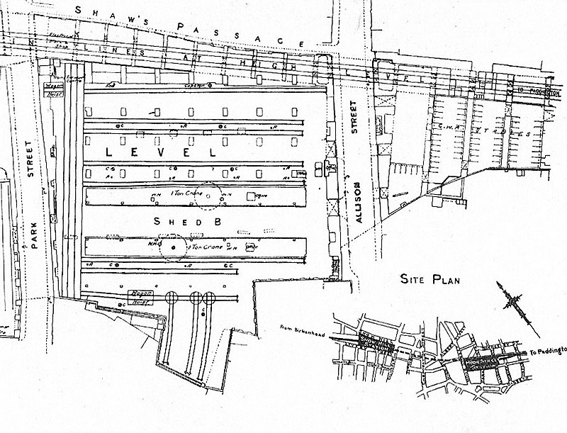 Close up of the site plan showing shed 'B', its boundary with Park Street on the left, Allison Street on the right and the stable block opposite on the other side of Allison Street