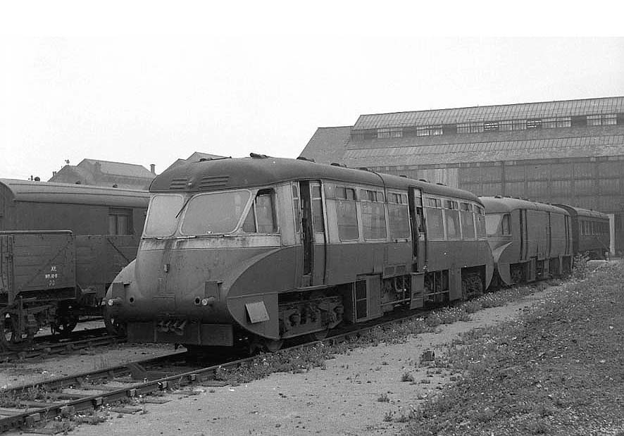 Ex-Great Western Railway Railcars No 13 and No 17 are seen in dirty condition alongside Tyseley shed in March 1960