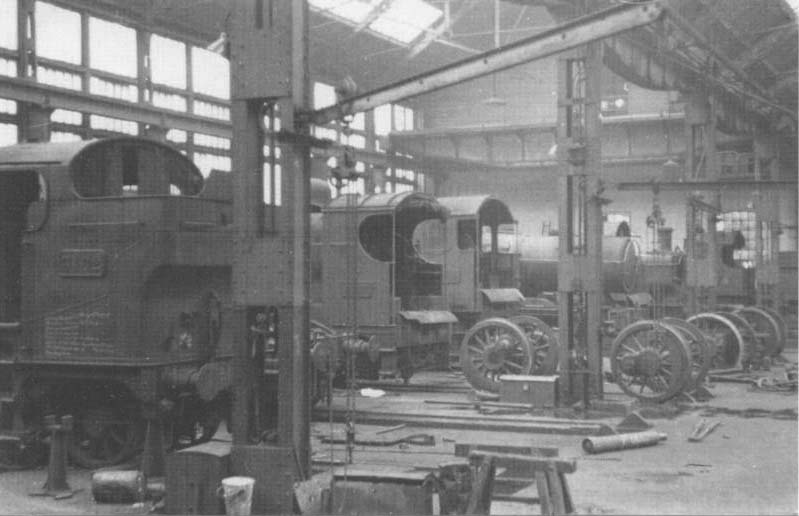 View inside the factory with GWR 2-6-2T 'Large Prairie' No 5162 is seen in company with four other GWr goods engines minus their tenders