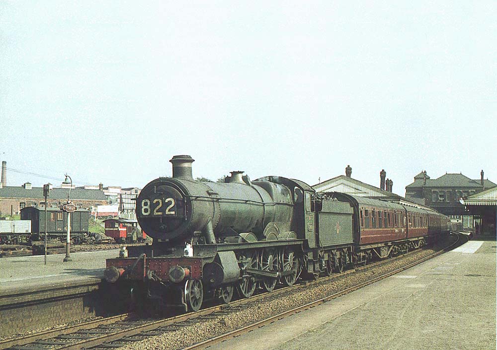 Ex-GWR 4-6-0 No 5909 'Newton Hall' passes through Tyseley's down main platform on a northbound holiday special on 29th August 1959