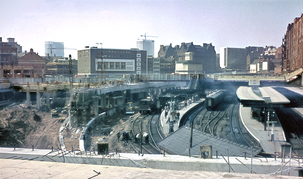Panoramic view of the rebuilding of New Street station showing the former Midland side of the station being the first to be started