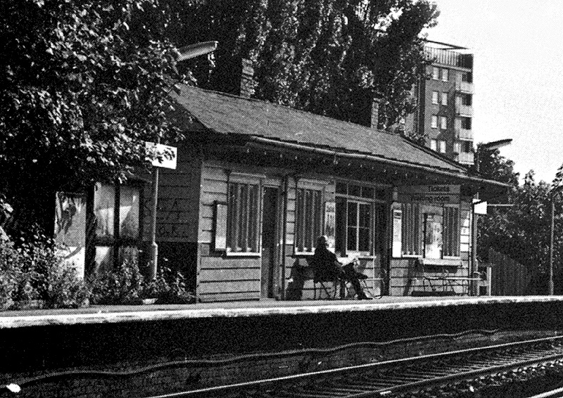 Close up of the down platform showing the former timber framed and clad LNWR structure housing the ticket office and passenger waiting room