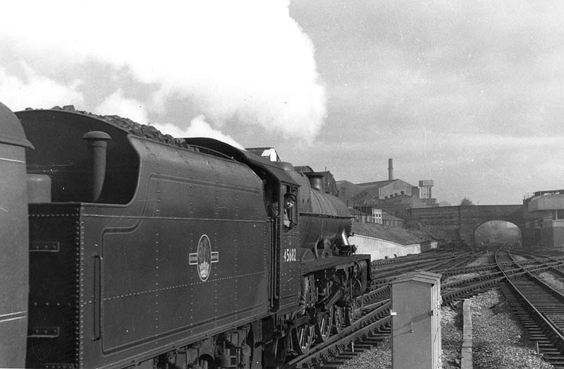 Ex-LMS 4-6-0 5XP Jubilee class No 45682 'Trafalgar' is seen standing at Coventry's new platform two at the head of an up express