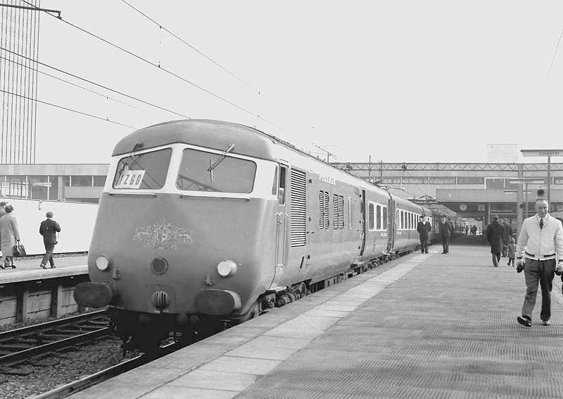 A Blue Pullman set is seen standing in Coventry's new platform two on an up Birmingham to Euston express service