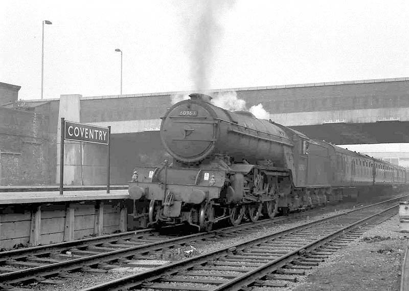Ex-LNER 2-6-2 V2 No 60963 is seen arriving at Coventry station's new platform two with an up Cathedral special