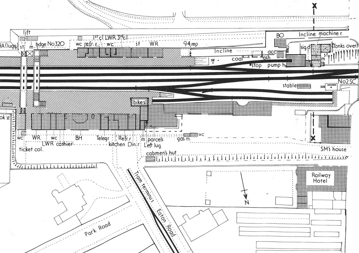 Part of the Ordnance Survey map showing the private road in front of the station and the tram terminus in Eaton Road