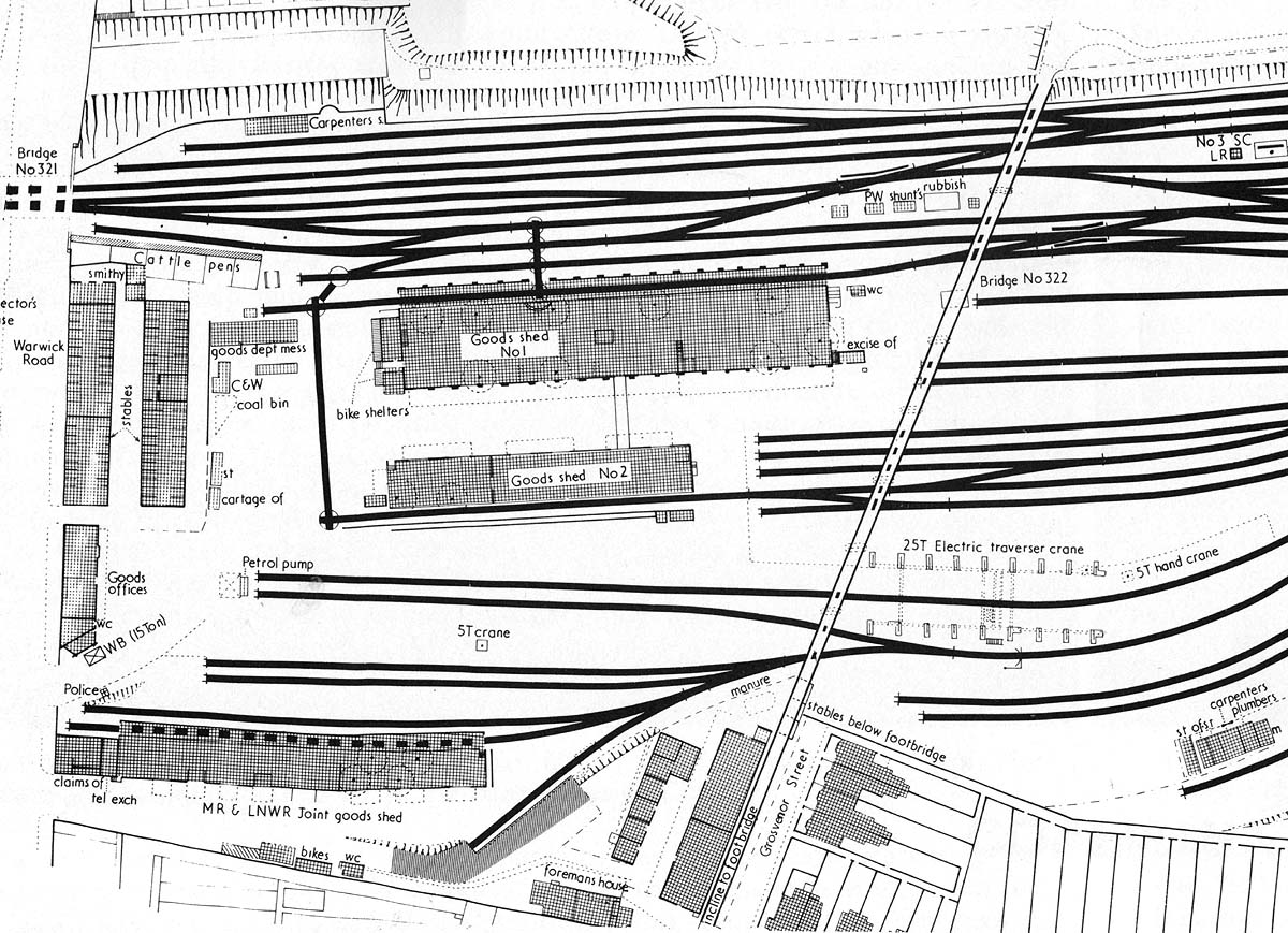 Part of the Ordnance Survey map showing Coventry Goods yard and the two LNWR sheds and the joint MR/LNWR shed