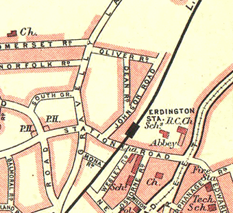 Location map showing the juxtaposition of Erdington station to Station Road, Gravell Lane and Wegley Road