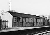 Close up showing Flecknoe station's building after passenger services were withdrawn although goods traffic still remained