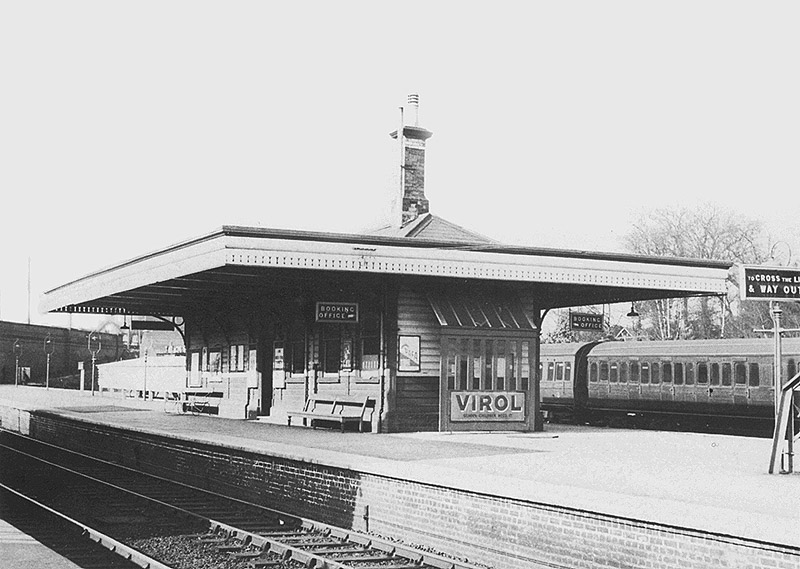 A 1930s view of the island platform's building accommodating passenger facilities and a booking office