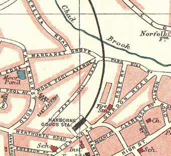 Map showing the location of Harborne station in relation to Chad Valley and Gordon Road, Wentworth Road and Park Hill Road