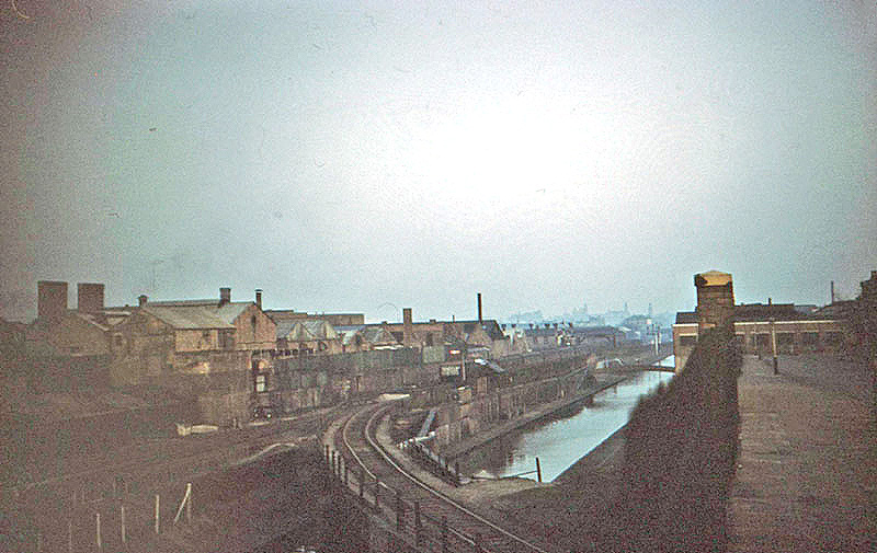 An elevated view of Harborne Junction taken from Northbrook Street showing the overbridge carrying the branch over the canal