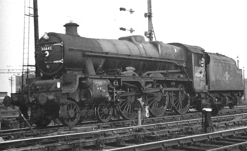 Ex-LMS 4-6-0 5XP Jubilee class No 45643 'Rodney' is seen waiting for the 'off' as it stands at the exit from Nuneaton shed