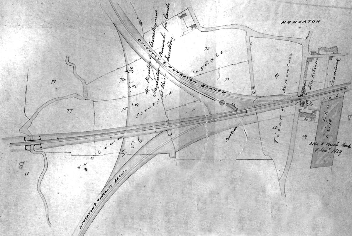 An 1860s view of the Trent Valley line showing the location of the original LNWR engine shed and the two branch lines to Coventry and Hinckley