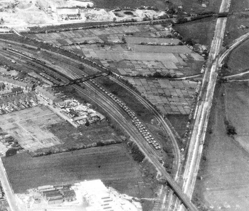 Close up showing the Midland line to Leicester crossing the Trent Valley at the bottom of the photograph and the branch to Ashby curving away to the right