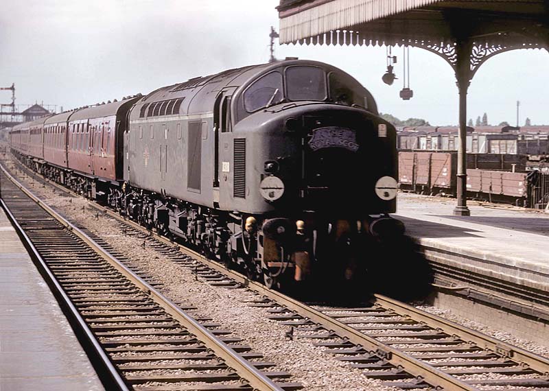 English Electric Type 4 Diesel locomotive D308 heads the up 'Royal Scot' express through Nuneaton station
