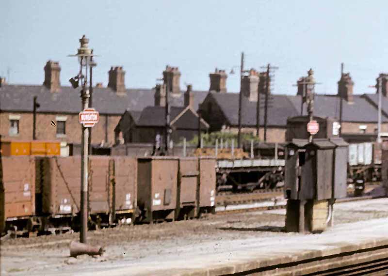 Close up showing different types of the rail wagons stabled at the Rugby end of Nuneaton's up sidings