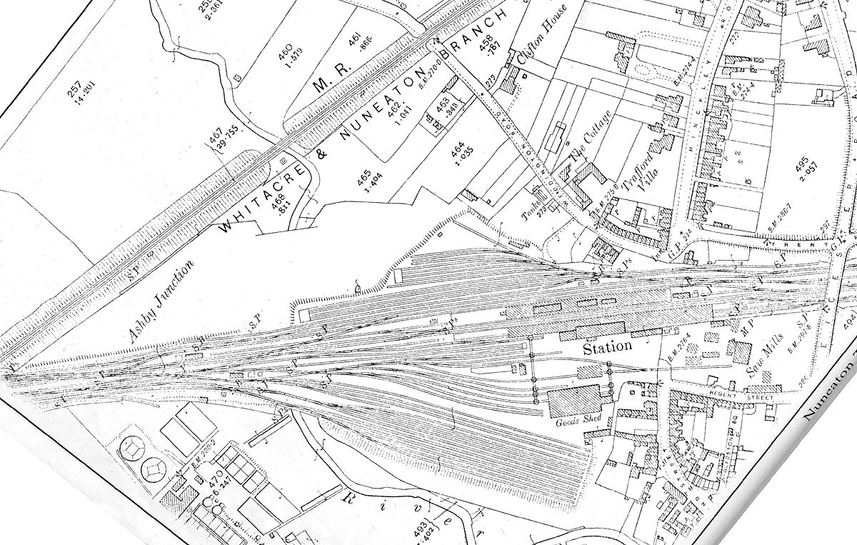 A 1914 map showing Nuneaton station and the extensive up and down sidings located to the north of the station