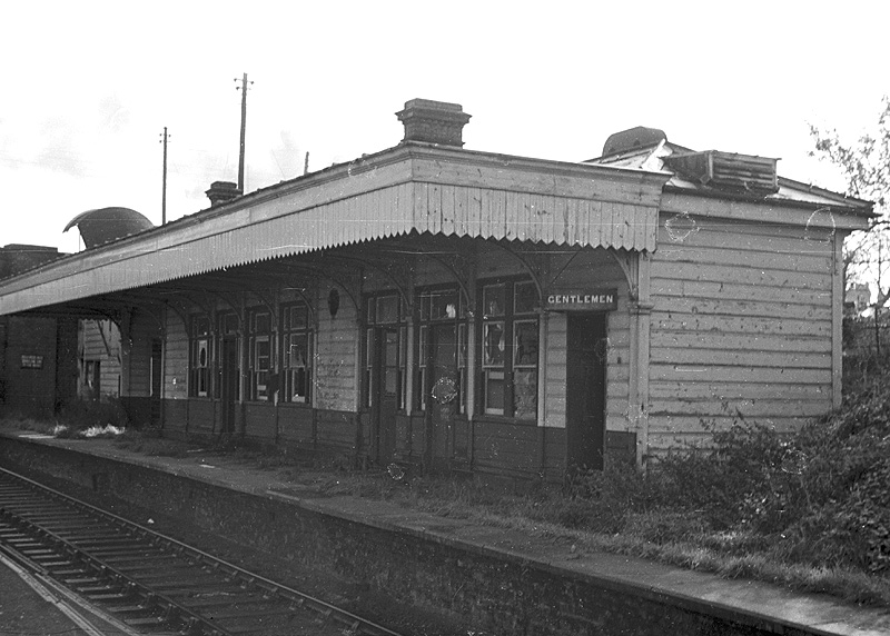 An oblique view of Southam & Long Itchington station's down platform building taken from the Leamington end of the up platform