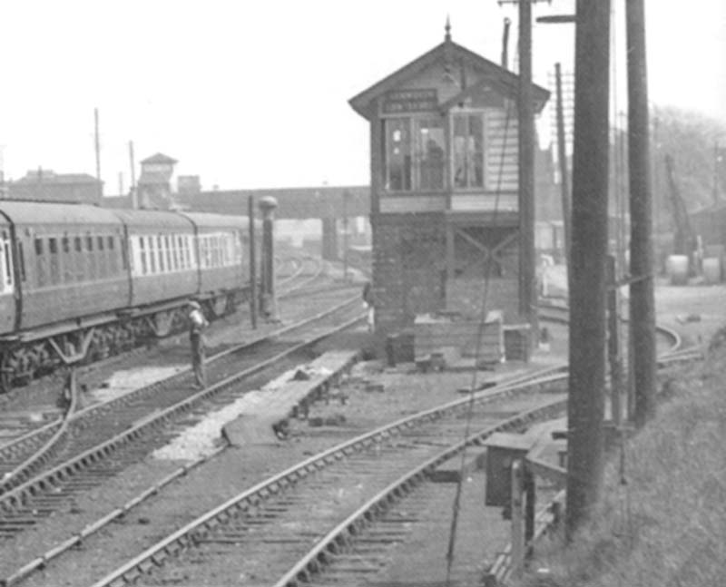 Close up showing Tamworth No 2 signal box and the rail entrance leading to the goods yard and shed