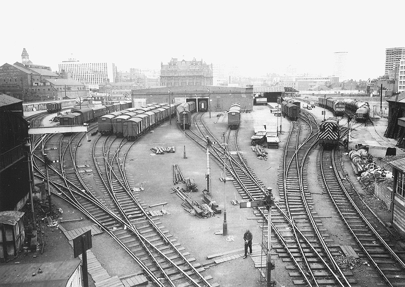A June 1966 view of  the rebuilt Central Goods Station's warehouse and goods yard with the metal shed on the left