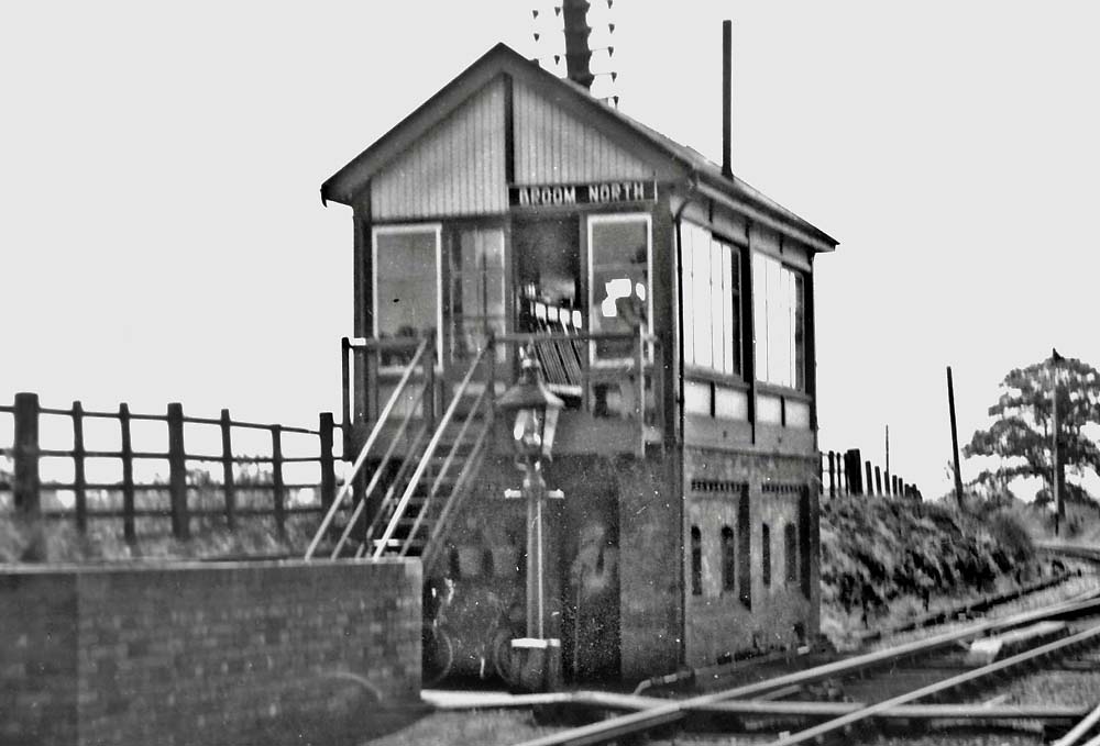 Close up of Broom North Signal Box showing the 'bobby' standing in the doorway of the machine room