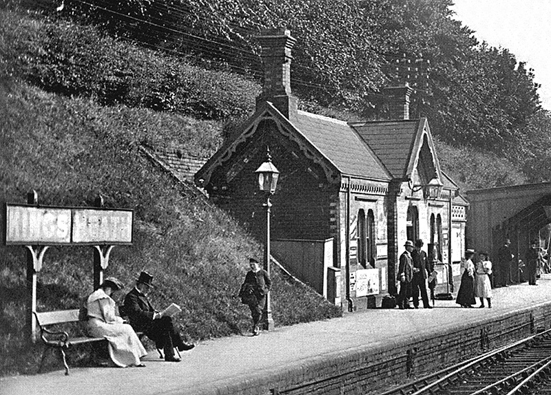 Close up showing the 1873 up platform building containing the Ladies waiting room and gentlemen's waiting room