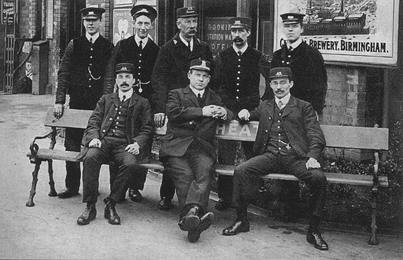 Kings Heath station staff pose for the camera outside the Station Master's office on the down platform circa 1912