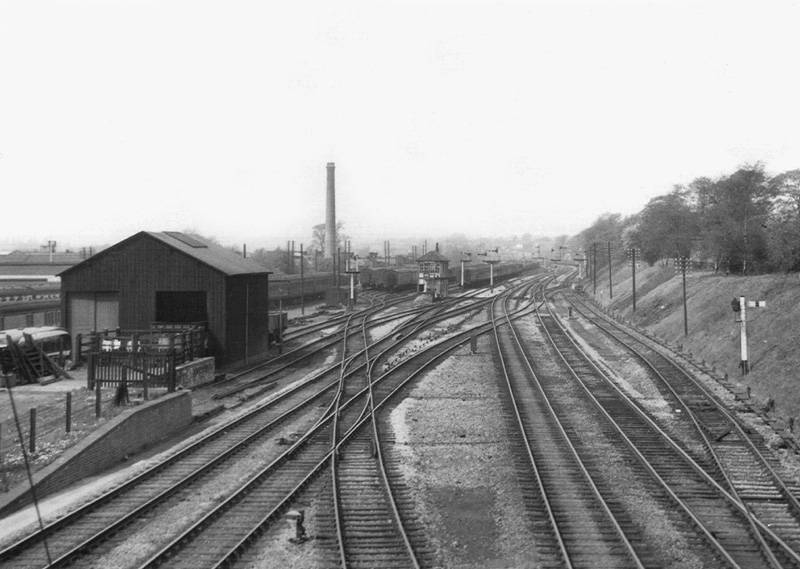 View of Kings Norton timber clad goods shed and cattle dock on the left and the carriage sidings behind