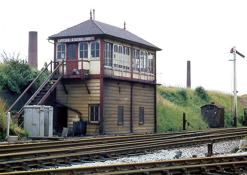 Three-quarter view of Lifford Station Junction signal box on 3rd August 1969 shortly before it closed in September