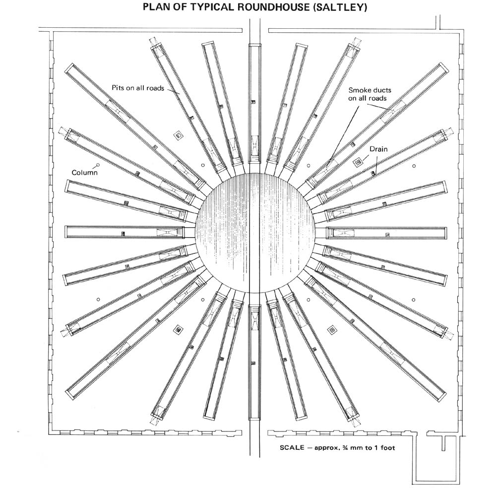 A plan of Saltley shed's No 3 Roundhouse which was opened in 1900 and shows the different lengths of roads that ran off the turntable because the 'roundhouse' was square