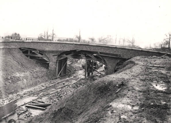 View of a brick arch overbridge spanning the GC line to London being built north of Catesby tunnel