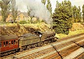Ex-Great Western Railway 43XX class 2-6-0 No7307 in unlined green livery leaves Acocks Green Station