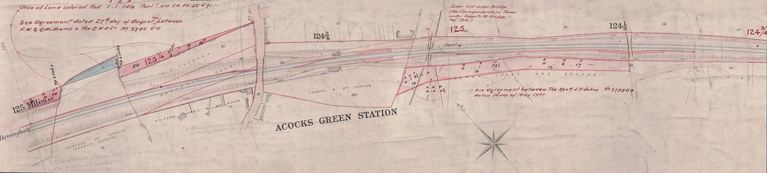 Great Western Railway Land Survey Plan from 1878 showing the land purchased by the Birmingham & Oxford Junction Railway