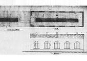 Close up showing a plan and side view of the single road engine shed with internal and external inspection pit