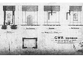 Close showing a plan, internal and external elevations of the engine shed's water towe