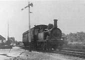 An unidentified Great Western ‘517’ class 0-4-2T propels a auto trailer from Bearley into Alcester Station