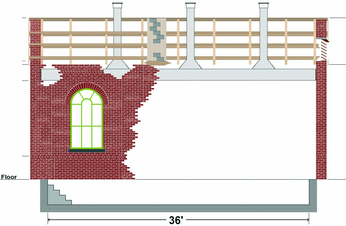 The scaled drawing showing details of the shed's boarded roof and the smoke ducts and chimneys