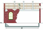 The scaled drawing showing details of the shed's boarded roof and the smoke ducts and chimneys
