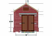 The front elevation showing details of the shed's off-centre double doors and louvered ventilation