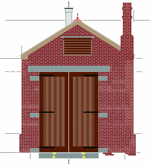 The rear elevation showing details of the shed's off-centre double doors and louvered ventilation
