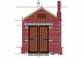The rear elevation showing details of the shed's off-centre double doors and louvered ventilation