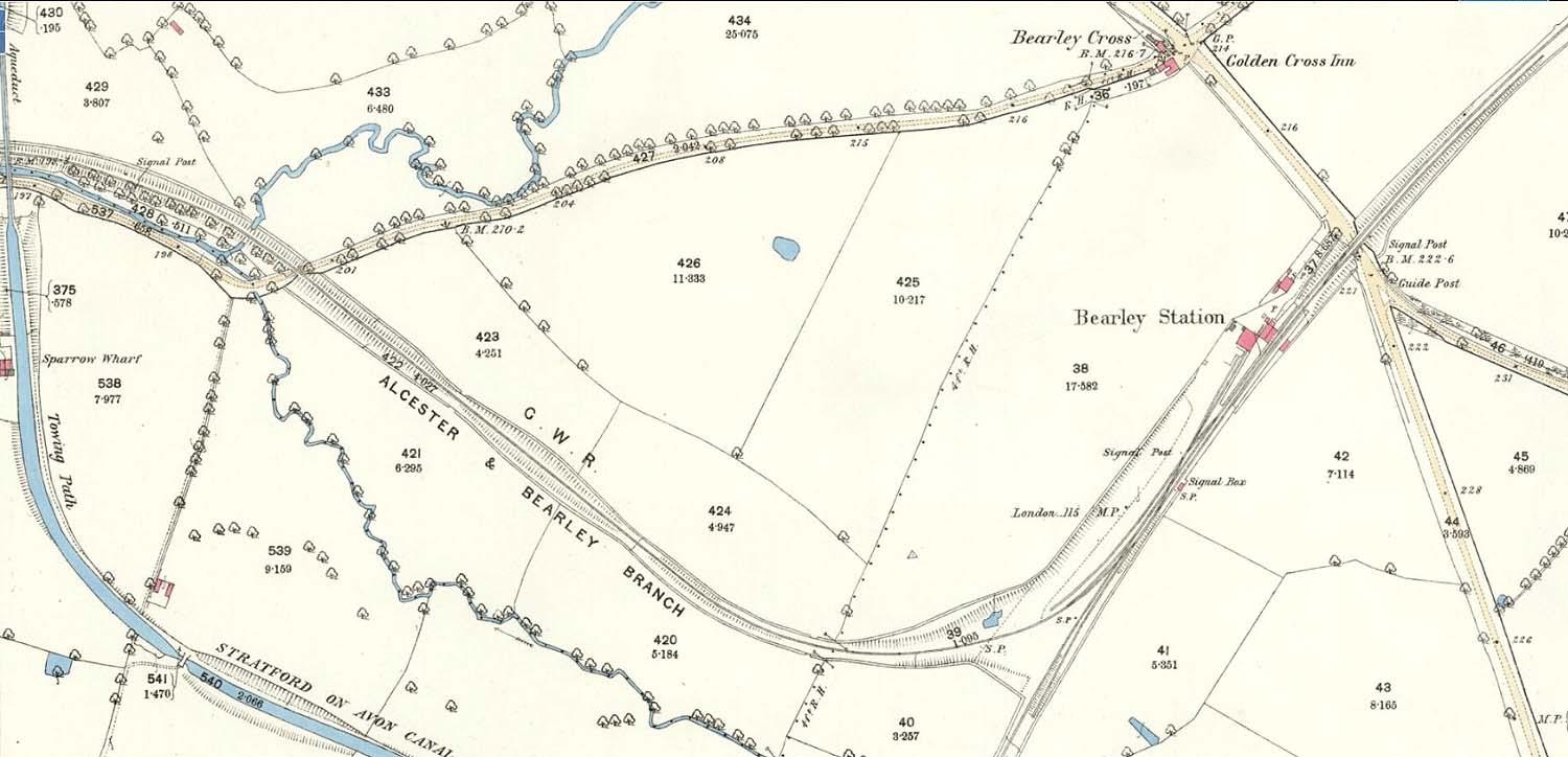 An 1885 25 inch to the mile Ordnance Survey Map of Bearley Station and with the line to Alcester on the left