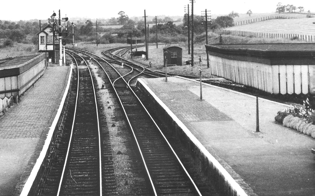 Bearley East Junction with the double track line from Hatton curving to the left behind Bearley East Junction Signal Box