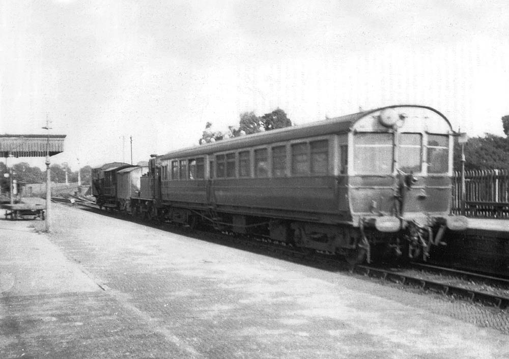 The 9:36 am mixed train for Alcester is seen waiting to depart from Bearley circa 1938