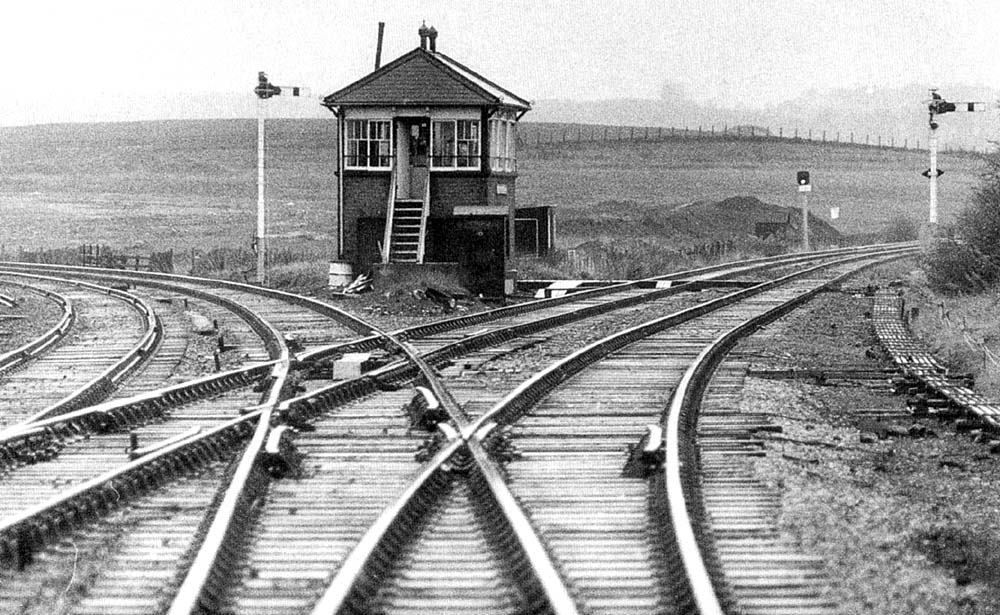 View of Bearley West Junction Signal Box with the lines to Moor Street on the left and the lines to Hatton on the right